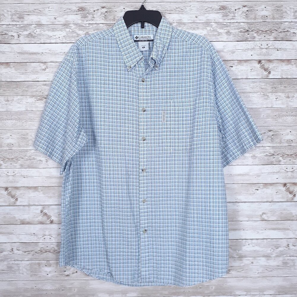 Columbia Mens Button Dpwn Shirt XL Seersucker Shirt Sleeve Blue Plaid 858